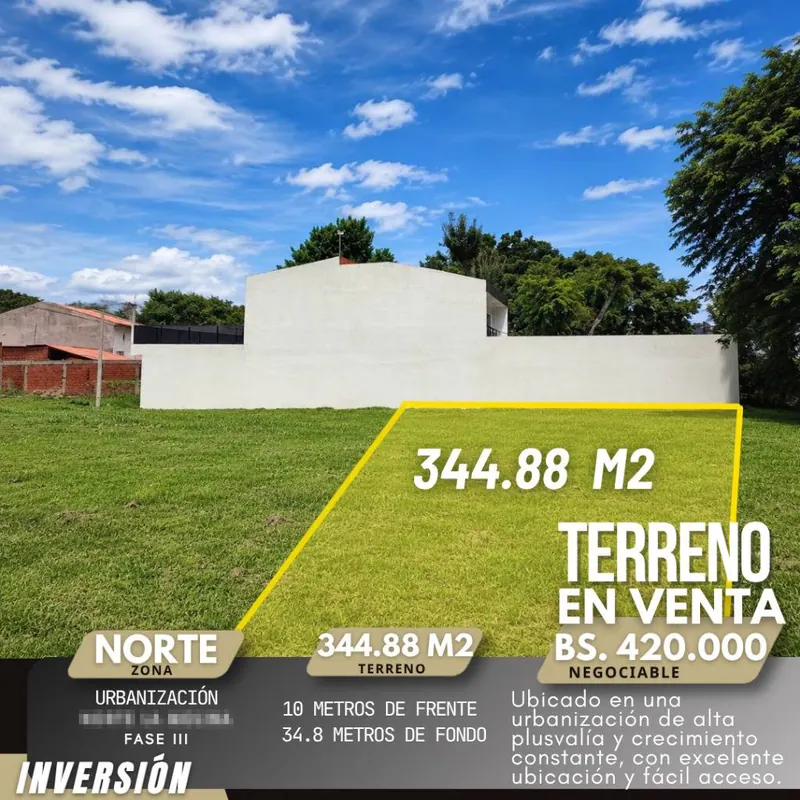 Terreno de 344,88 m² en venta en Norte La Molina, Warnes: foto 1 de 3