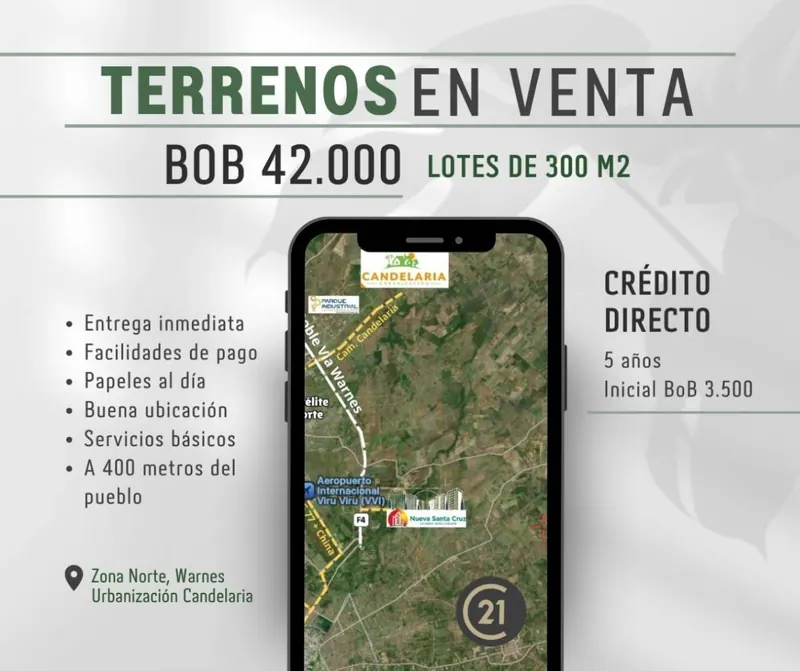 Terrenos desde 300 m² en venta en la comunidad Candelaria, Warnes: foto 2 de 5