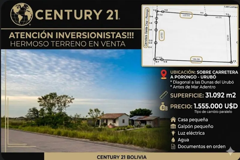 Terreno de 31.092 m² en venta sobre carretera a Porongo, Urubó: foto 2 de 4