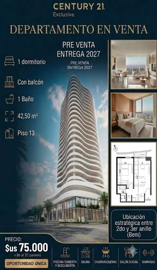 Departamento de 1 dormitorio en venta en Macororó 18, Av. Beni: foto 2 de 7