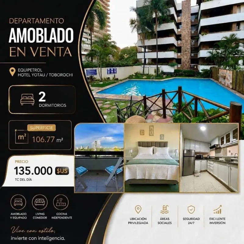 Departamento amoblado de 2 dormitorios en venta en Equipetrol, Yotau: foto 2 de 25