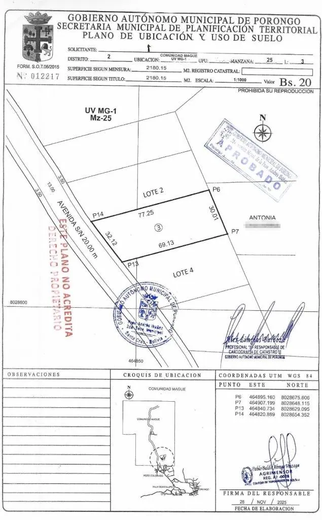 Terreno de 2.180,15 m² en venta en Porongo, comunidad Mague: foto 1 de 1