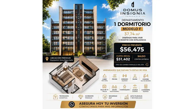 Departamento de 1 dormitorio en preventa en Domus Insignia, Equipetrol