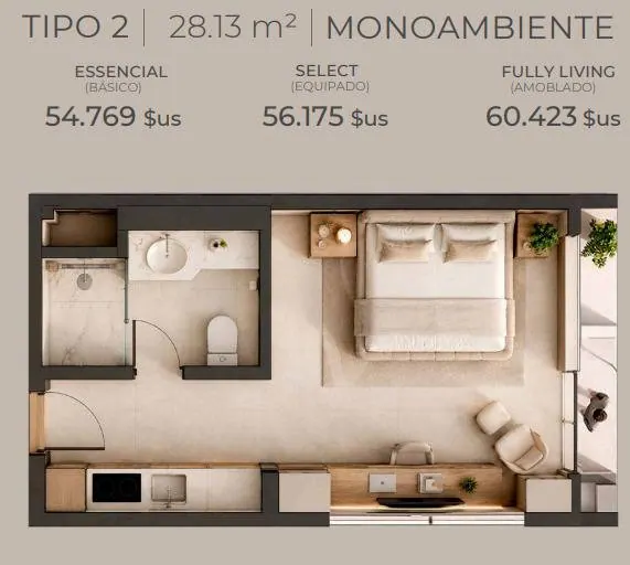 Monoambiente de 28,13 m² en venta en Aqua Tower, Equipetrol: foto 2 de 15