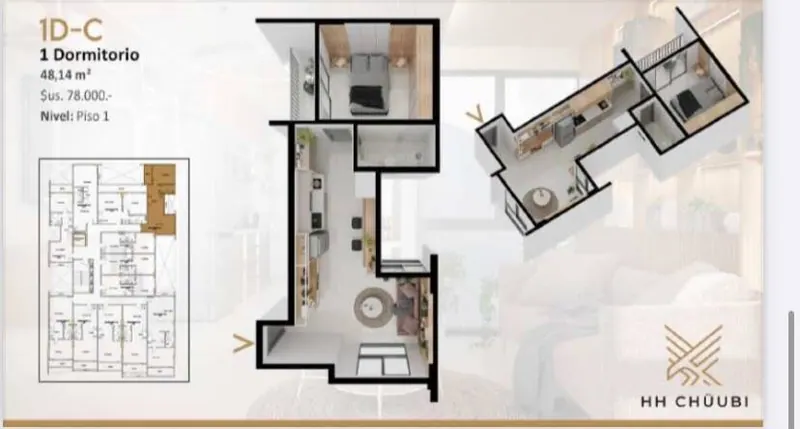 Departamento de 1 dormitorio en venta en edificio HH Chubi, Equipetrol: foto 2 de 6