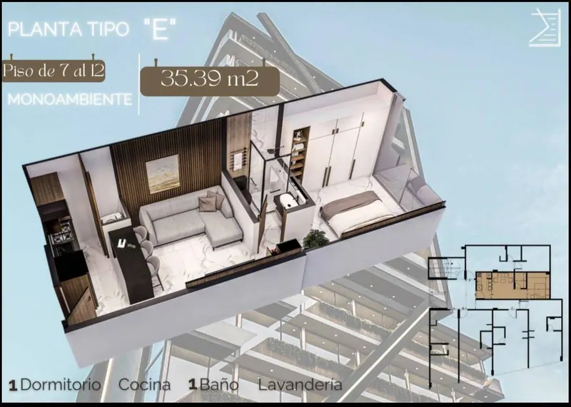 Monoambiente de 35,12 m² en venta en el edificio Portobello 5