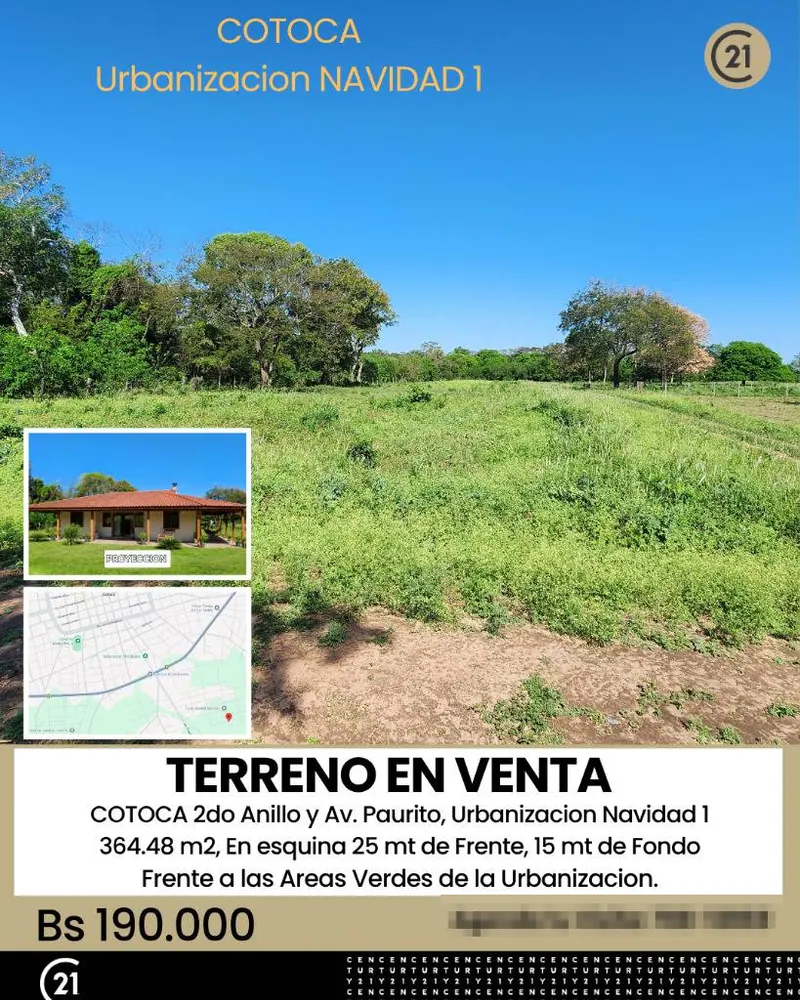 Terreno en esquina de 364 m² en venta en Cotoca, Urb. Navidad 1: foto 2 de 3
