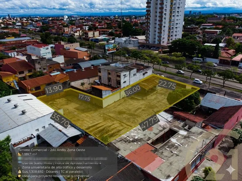 Terreno de 1.189,72 m² en venta sobre el 2do anillo, Zona Oeste