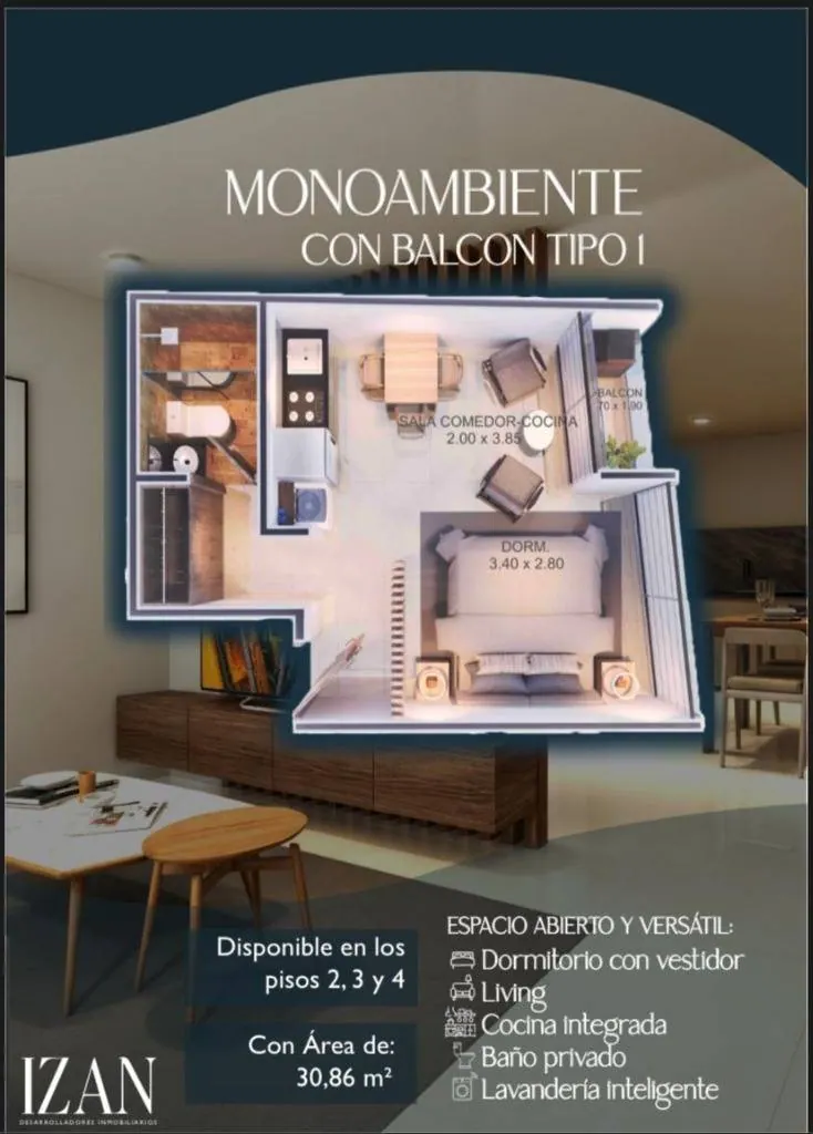 Monoambiente de 30 m² en venta en el condominio Izan, Zona Este: foto 3 de 7