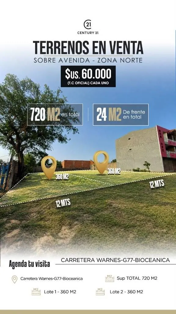 Terreno de 360 m² en venta sobre avenida en Warnes: foto 1 de 1