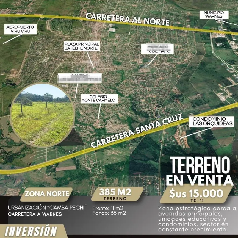 Terreno de 385,28 m² en venta en la doble vía Santa Cruz-Warnes: foto 1 de 2