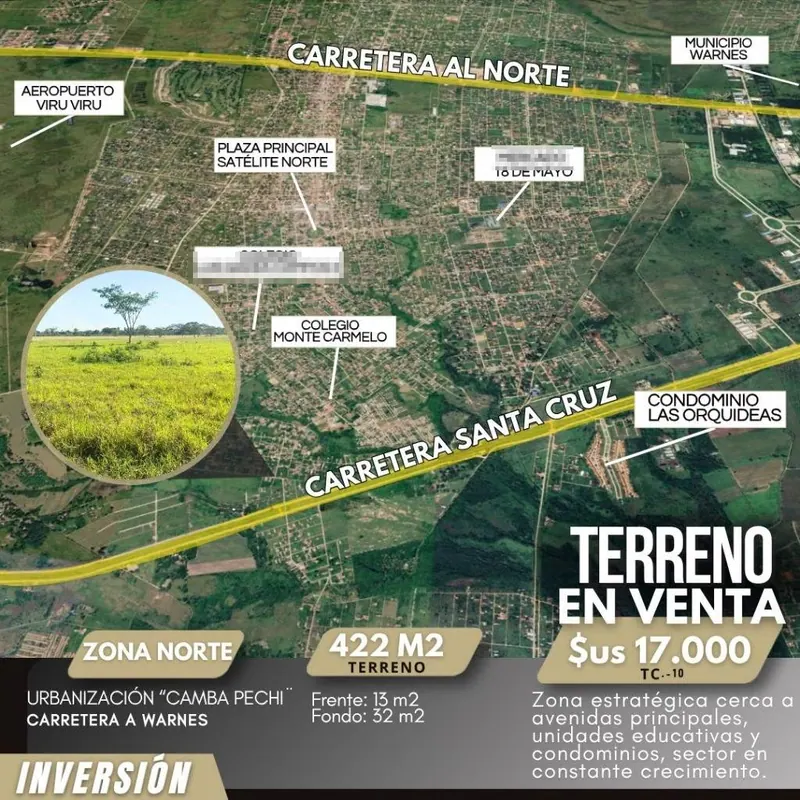 Terreno en esquina de 422,85 m² en venta en la doble vía a Warnes: foto 1 de 2