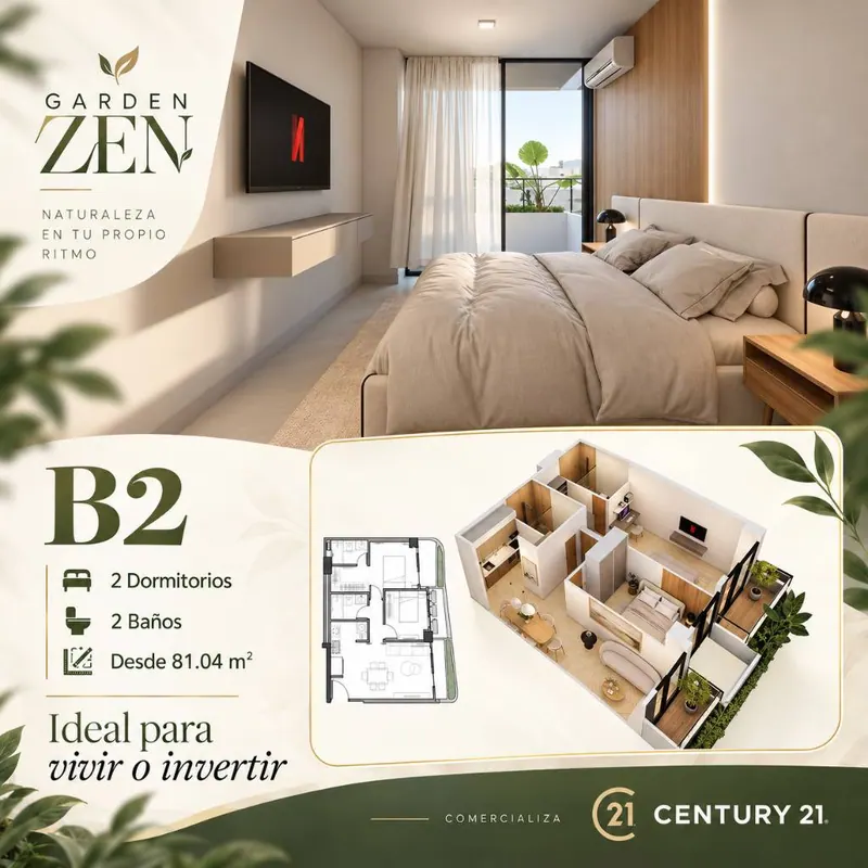 Departamento de 2 dormitorios en venta en Garden Zen, Equipetrol: foto 1 de 7