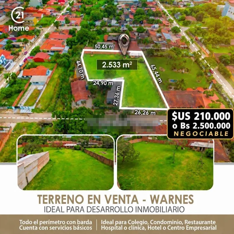 Terreno de 2.533 m² en venta en Warnes, cerca de la av. 25 de Mayo: foto 2 de 4