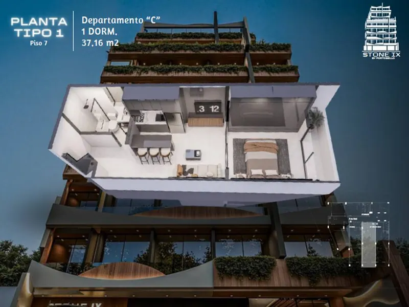 Monoambiente de 37,16 m² en preventa en Stone IX, Zona Norte